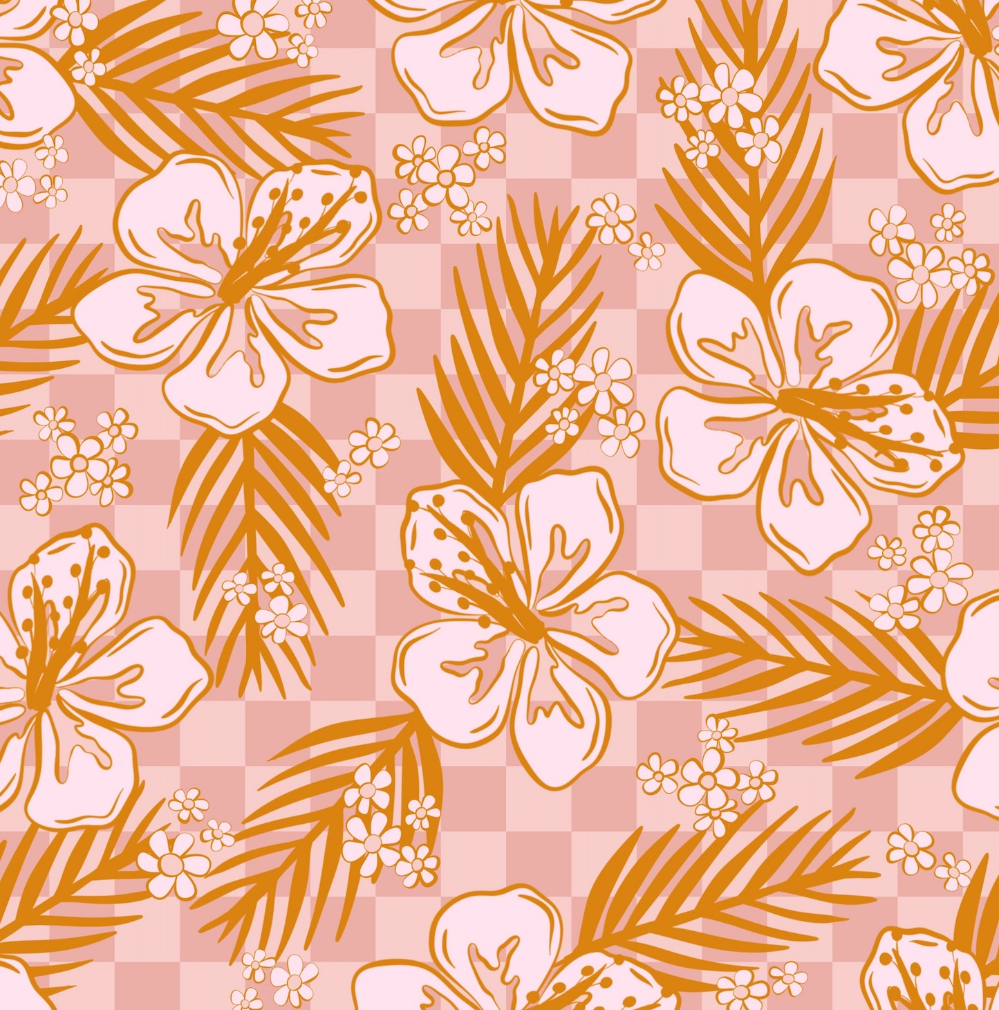 Pink Check Hibiscus - Linen Fabric