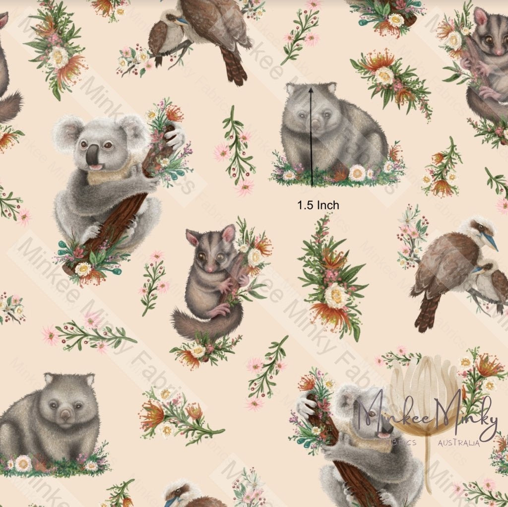 Aussie Animals On Soft Peach - Retail Cotton Lycra 1.5 Inch Digital Fabric Retail