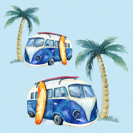 Blue Kombis And Palm Trees - 100% Cotton Poplin Fabric Digital Retail